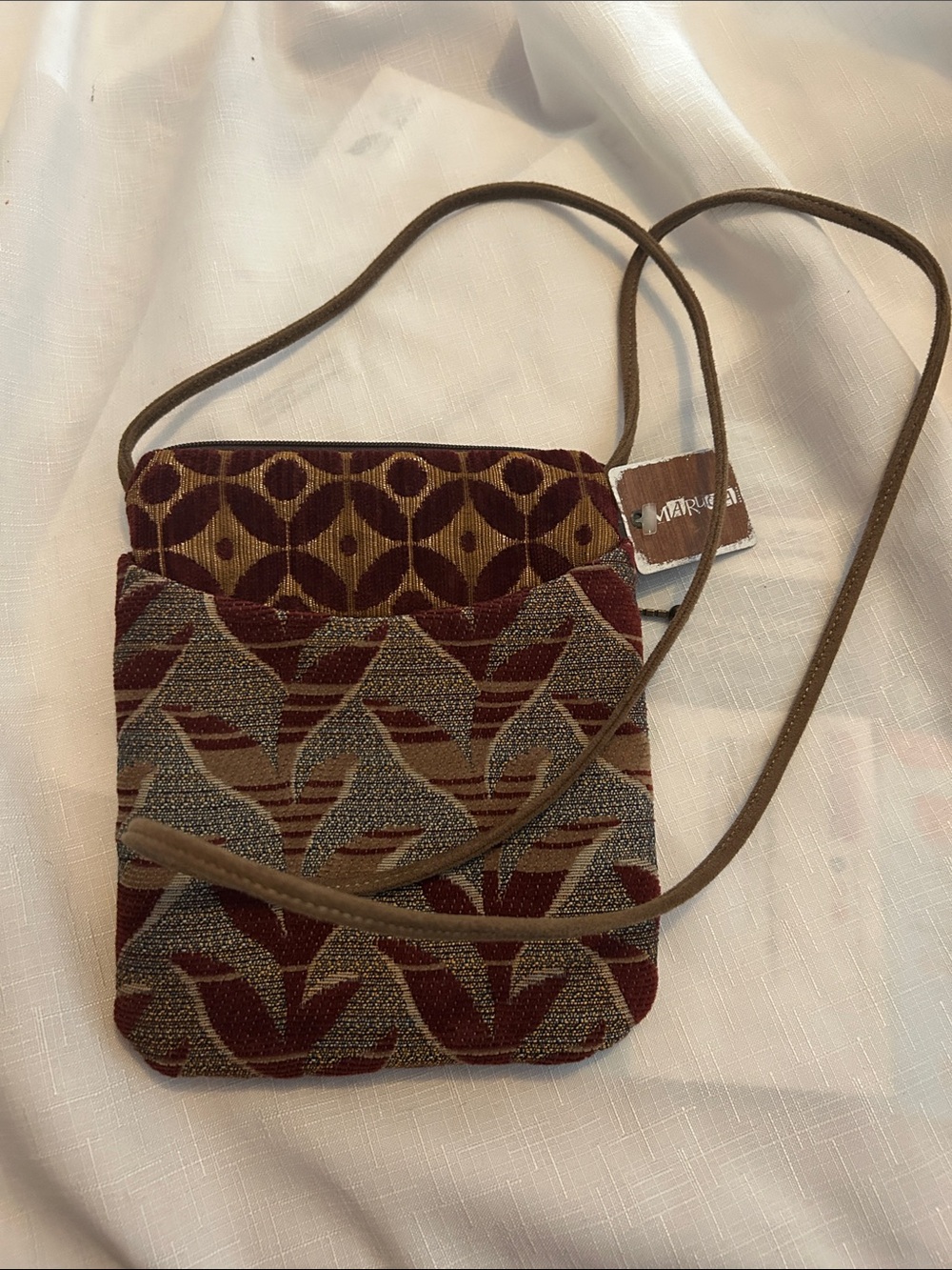 Geo-Tapestry Crossbody Bag in Burgundy and Brown
